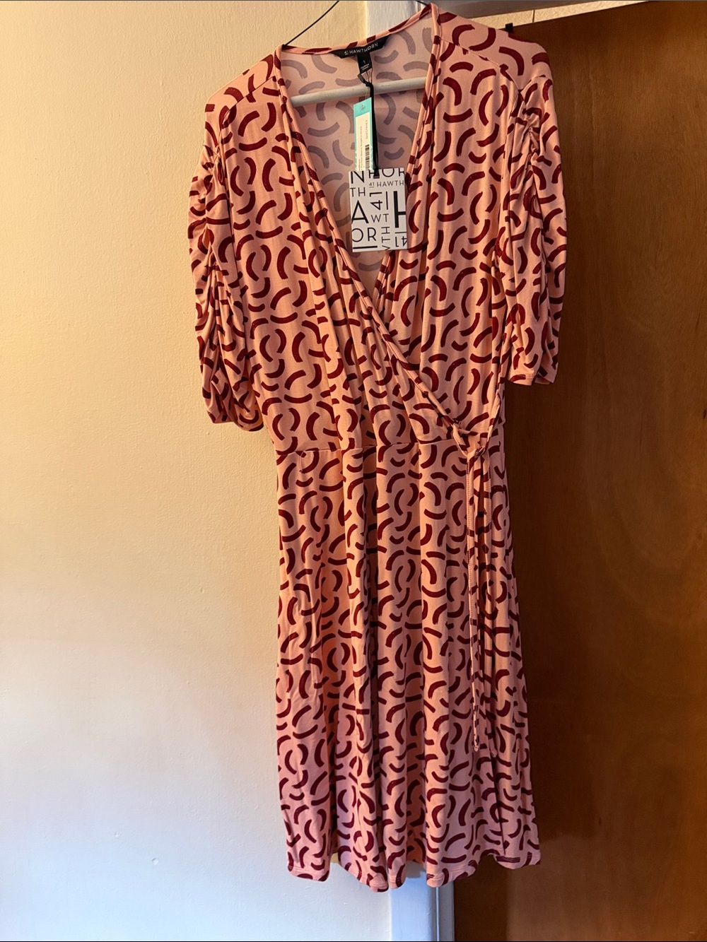 41 Hawthorn Pink Wrap Dress with Burgundy Abstract Pattern